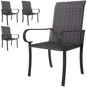 Set Of 4 Outdoor Wicker Dining Chairs With Armrest, Steel Frame, Highback And Deep Seating, Brown