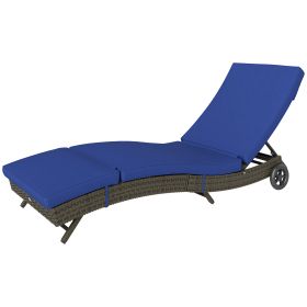 Patio Wicker Chaise Lounge Chair, Outdoor PE Rattan Sun Lounger With Adjustable Backrest And 2 Wheels, Dark Blue
