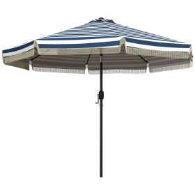 Garden Umbrella: 9ft, Blue Stripe with Tilt Crank and Ruffled Design for Deck and Pool Shade|