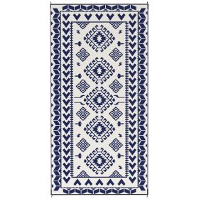Reversible Outdoor Rug, Waterproof Plastic Straw with Carry Bag, 9' x 18', Blue & White Rhombus Patchwork