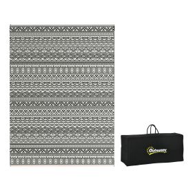 Portable Patio Mat Reversible Gray & Cream White Boho Outdoor Rug 9x12 with Carry Bag for RV Camping