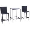 Wicker Bar Set, 3-Piece Outdoor Counter Height with Glass Top Table & Stools, All-Weather - Black