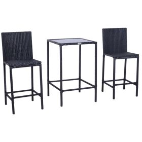 Wicker Bar Set, 3-Piece Outdoor Counter Height with Glass Top Table & Stools, All-Weather - Black