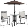 4 Piece Outdoor Bar Set with 2 Folding Chairs, Adjustable Umbrella and Wave Textured Tempered Glass Table, Cream White