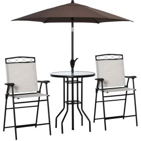 4 Piece Outdoor Bar Set with 2 Folding Chairs, Adjustable Umbrella and Wave Textured Tempered Glass Table, Cream White