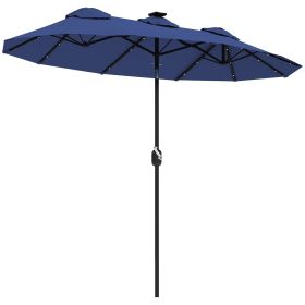 Double-sided Patio Umbrella, 9.7' Outdoor Umbrella with Tilt and Crank, LED Solar Light and 12 Ribs, Navy Blue
