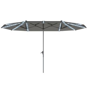 15ft Double-Sided Outdoor Umbrella with Solar Lights, UPF50+ Extra Large Aluminum Patio Umbrella with Crank, Dark Gray