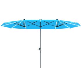 15ft Double-Sided Outdoor Umbrella with Solar Lights, UPF50+ Extra Large Aluminum Patio Umbrella with Crank, Blue