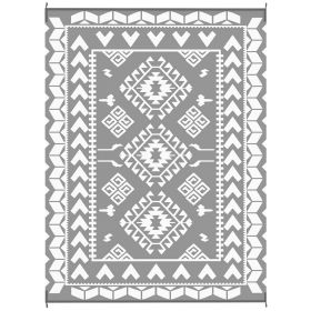 Reversible Outdoor Rug, Waterproof Plastic Straw with Carry Bag, 9' x 12', Gray & White Rhombus Patchwork
