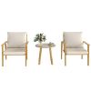 3 Piece Outdoor Bistro Set, Wood Effect Metal Patio Set with Wide & Deep Chairs, Round Table and Cushions, Cream White