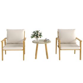 3 Piece Outdoor Bistro Set, Wood Effect Metal Patio Set with Wide & Deep Chairs, Round Table and Cushions, Cream White