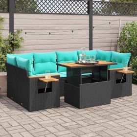 7 Piece Patio Sofa Set with Cushions Black Poly Rattan