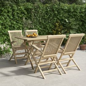 Garden Dining Set Grey Solid teak wood 5-piece set Foldable