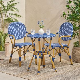 Outdoor PE Rattan and Aluminum 3 Piece French Bistro Set, Dark Teal & White, and Bamboo Finish