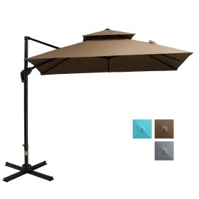 10ft Offset Patio Umbrella with Base, Double Top Hanging Aluminum Cantilever Umbrella with 360-degree Rotation, Easy Tilt, 8 Ribs, Crank, Cross Base