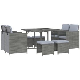 9 Piece Outdoor Rattan Wicker Dining Table and Chairs Furniture Set Space Saving Wicker Chairs w/ Cushions - Gray