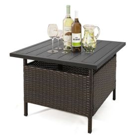 Patio Square Wicker Side Table with Umbrella Hole  outdoor coofee table for Yard Garden Poolside
