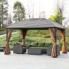 10' x 13' Hardtop Gazebo with Curtains and Netting, Outdoor Pavilion Gazebo with Top Hook, Ceiling Hook, for Garden, Brown