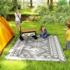 Reversible Outdoor Rug, Waterproof Plastic Straw with Carry Bag, 9' x 12', Gray & White Rhombus Patchwork
