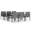 Dining Set Grey and Black Poly rattan, powder-coated steel, glass
