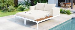 TOPMAX Modern Outdoor Daybed Patio Metal Daybed with Wood Topped Side Spaces for Drinks, 2 in 1 Padded Chaise Lounges for Poolside, Balcony, Deck