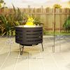 Round Fire Pit with Fire Poker, Portable Wood Burning Firepit with Ash Tray and Hairpin Legs, Outdoor Fireplace, Black