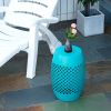 12.5" Steel Outdoor Side Table, Round Hollow Drum Patio End Table, Accent Table for Indoor and Outdoor, Blue