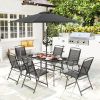 8 Piece Outdoor Dining Set, Patio Furniture Set with Umbrella, 6 Folding Chairs, Rectangle Table and Mesh Seat, Black