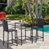 Wicker Bar Set, 3-Piece Outdoor Counter Height with Glass Top Table & Stools, All-Weather - Black