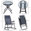 3 Piece Outdoor Rocking Bistro Set, Patio Folding Chair Table Set with Glass Coffee Table for Yard, Patio, Deck, Backyard, Grey
