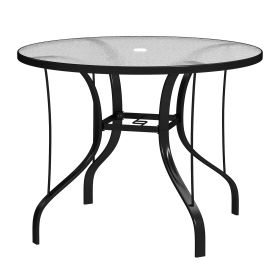 38 Round Patio Table With Umbrella Hole, Tempered Glass Outdoor Dining Table, Black