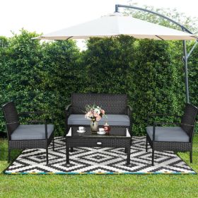 4 Pieces Patio Rattan Cushioned Furniture Set with Loveseat and Table Outdoor Conversation Sets (Color: Black)