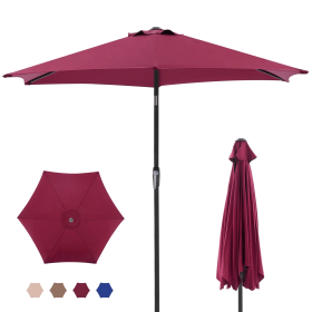 7.5-foot outdoor terrace sun umbrella, with button tilt and hand-cranking device, 6-rib design, UV15+ waterproof fabric (Color: Wine Red)