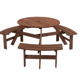 6-Person Circular Outdoor Wooden Picnic Table for Patio, Backyard, Garden, DIY w/ 3 Built-in Benches, 1720lb Capacity - Brown (Color: as Pic)