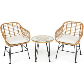 3 Pieces Rattan Furniture Set with Cushioned Chair Table (Color: White)