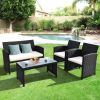 4 Pieces Rattan Patio Furniture Set with Weather Resistant Cushions and Tempered Glass Tabletop