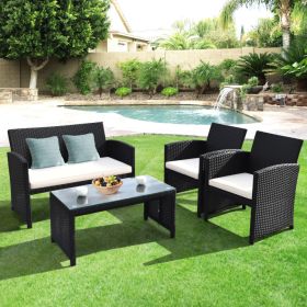 4 Pieces Rattan Patio Furniture Set with Weather Resistant Cushions and Tempered Glass Tabletop (Color: White)