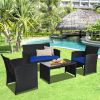 4 Pieces Rattan Patio Furniture Set with Weather Resistant Cushions and Tempered Glass Tabletop