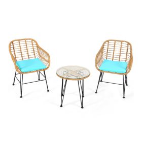 3 Pieces Rattan Furniture Set with Cushioned Chair Table (Color: Turquoise)