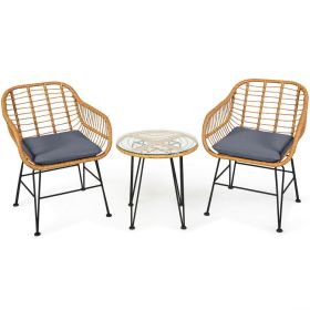 3 Pieces Rattan Furniture Set with Cushioned Chair Table (Color: Gray)
