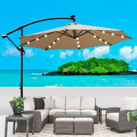 10 ft Outdoor Patio Umbrella Solar Powered LED Lighted Sun Shade Market Waterproof 8 Ribs Umbrella with Crank and Cross Base for Garden Deck Backyard (Main Material: Fabric+Metal, Main Color: Tan)