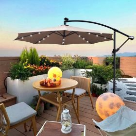 10 ft Outdoor Patio Umbrella Solar Powered LED Lighted Sun Shade Market Waterproof 8 Ribs Umbrella with Crank and Cross Base for Garden Deck Backyard (Main Material: Fabric+Metal, Main Color: Mushroom)